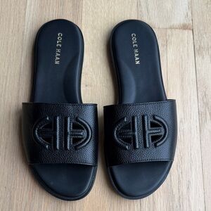 Cole Haan Black Leather Lynn Logo Slide Sandals